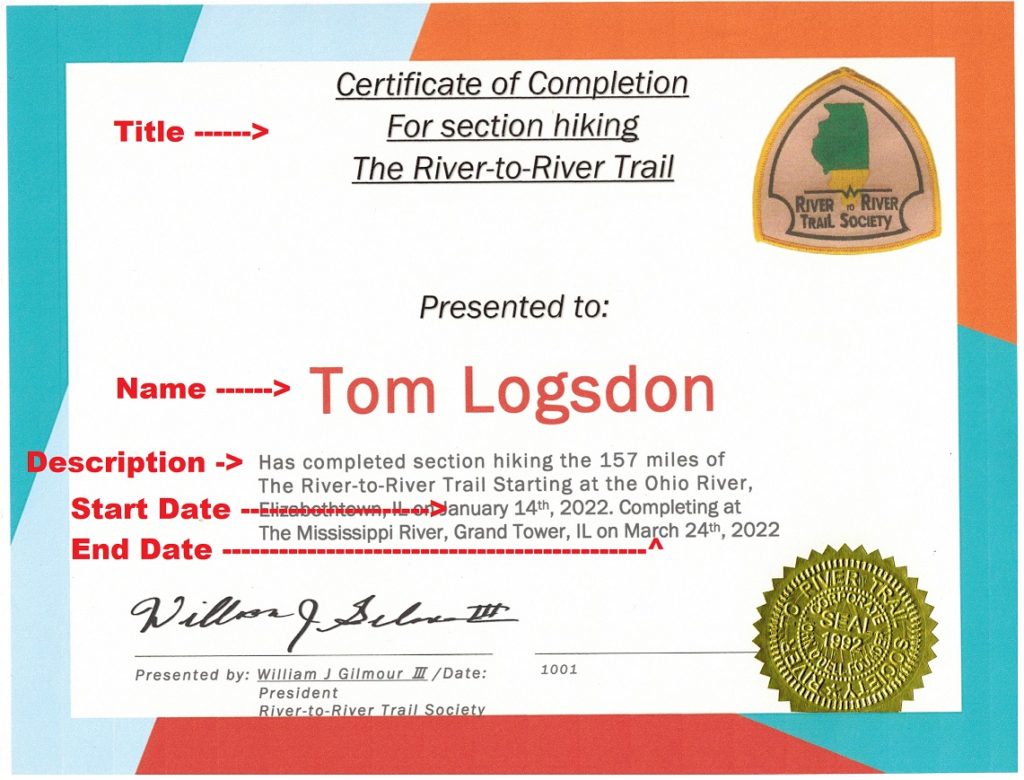 R2R Trail Completion Certificate - The River to River Trail